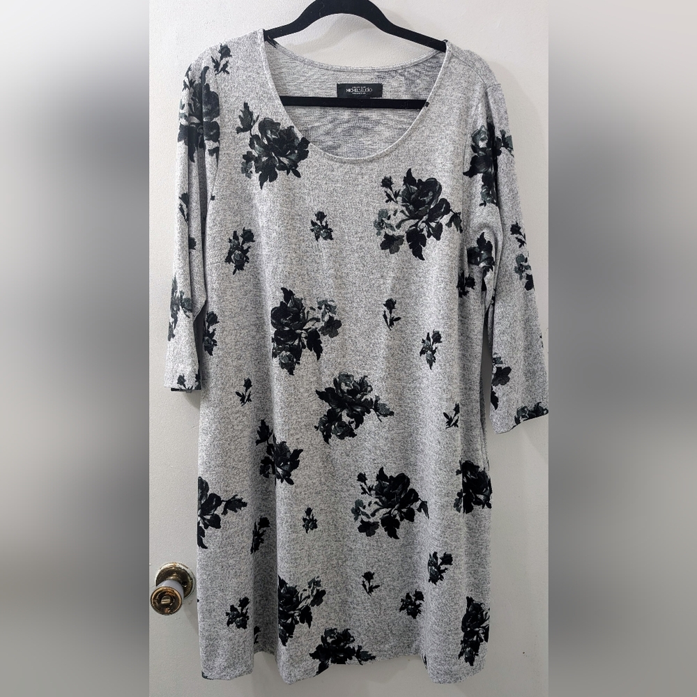 Michel Studio Gray and Black Floral Long Sleeve Dress 1X